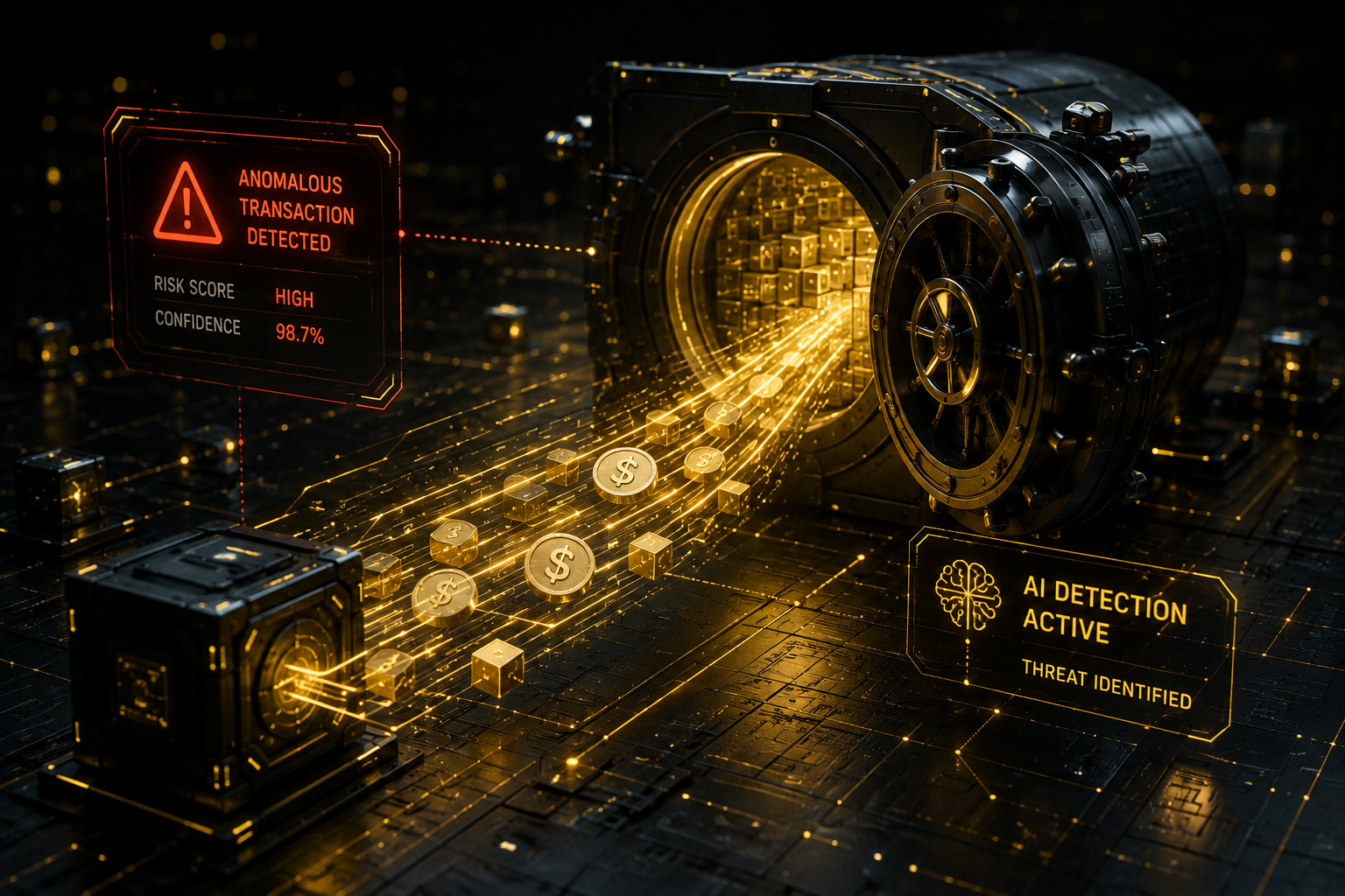 An open vault with tokenised value streaming out beside an anomalous transaction alert scored high risk at 98.7 percent confidence